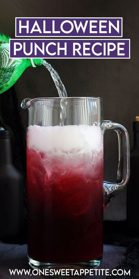 This fizzy Halloween punch is perfect to serve your guests! Full of grape flavor and a dark purple color that is perfectly festive! Serve with fresh fruit like oranges and blackberries or in a punch bowl with ice shaped like hands! Halloween Office Treat Ideas, Fruit Punch Recipes Non Alcoholic, Vodka Punch Recipes, Easy Halloween Punch, Purple Punch Recipes, Halloween Punch Bowl, Halloween Punch For Kids, Halloween Party Punch, Halloween Alcohol