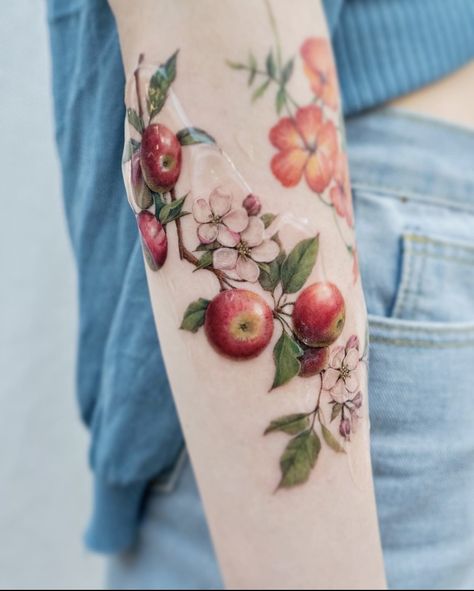 Woodland Flower Tattoo, Apple Blossom Tattoo, Apple Blossom Tattoos, Upper Thigh Tattoos, Apple Tattoo, Art Inspired Tattoos, Fruit Tattoo, Female Tattoos, Branch Tattoo