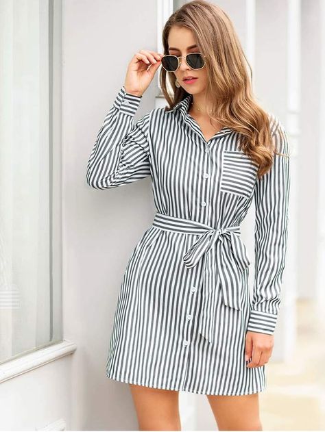 Vertical Striped Dress, Grey Striped Shirt, Stripe Outfits, Striped Shirt Dress, Belted Shirt Dress, Polyester Dress, Everyday Dresses, Vertical Stripes, Look Chic