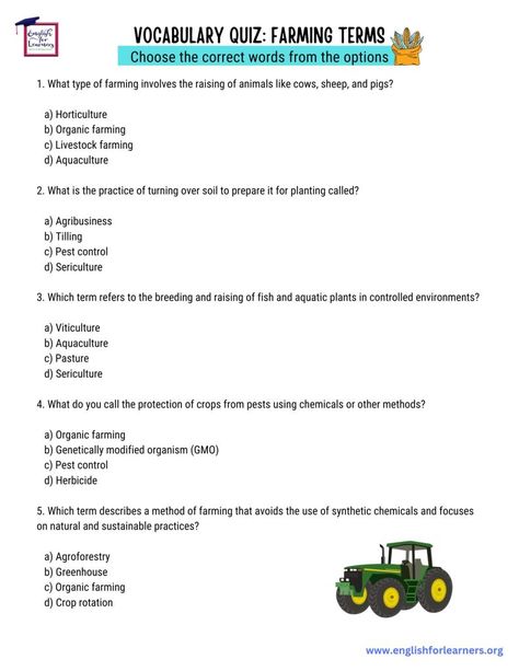 Farm Vocabulary, Types Of Farming, Vocabulary Quiz, Livestock Farming, Vocabulary Worksheets, Best Answer, Aquatic Plants, Organic Farming, English Vocabulary