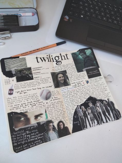 Twilight Journal Ideas, Twilight Journal Page, Reading Journal Scrapbook, Series Journal Ideas, Twilight Notebook, Twilight Doodles, Twilight Sketches, Film Journal Aesthetic, Film Journal Ideas