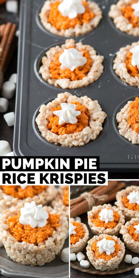 mini pumpkin pie rice krispie treats in a metal muffin pan with text overlay Rice Krispy Treats Thanksgiving, Rice Krispie Treat Halloween Ideas, November Food Activities For Kids, Rice Krispies Thanksgiving Treats, Thanksgiving Kids Treats Easy, Pumpkin Pie Rice Crispy Treats, Rice Crispy Thanksgiving Treats, Thanksgiving Popcorn Treats, Thanksgiving Rice Crispy Treat Ideas