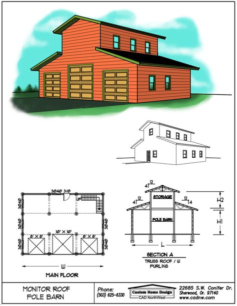 monitor style pole barns Barn Garage Plans, Barn Style Garage, Modern Barn Style, Pole Barn Plans, Barn Homes Floor Plans, Horse Barn Plans, Little House Plans, Barn Style House Plans, Barndominium Floor Plans