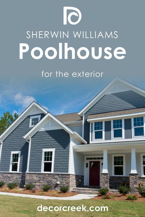 Poolhouse SW 7603  for the Exterior use by Sherwin-Williams Poolhouse Sherwin Williams, Blue Exterior Paint Colors For House, Blue House White Trim, Blue Siding House, Sherwin Williams Coordinating Colors, Dark Blue House Exterior, Sherwin Williams Exterior Paint Colors, Light Blue Houses, Dark Blue Houses