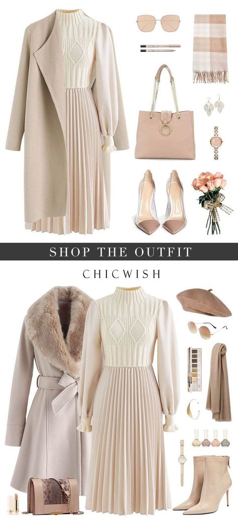 Cable Knit Spliced Pleated Midi Dress in Cream | Fashion, Classy outfits, Fashion outfits Winter Midi Dresses, Cream Outfits For Women, All Cream Outfit, Cream Dress Outfit, Cream Clothes, How To Have Style, Cream Outfit, Cream Outfits, Pleated Midi Dress