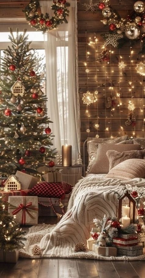 Christmas Room Decor Aesthetic Cozy, Christmas Decor Studio Apartment, Cozy Cottage Christmas Decor, Cosy Christmas Living Room, Christmas Bed Photoshoot, Hallmark Christmas Aesthetic, Vintage Christmas Aesthetic Cozy, Christmas Season Aesthetic, Classic Christmas Aesthetic