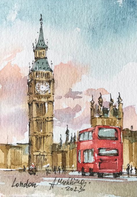 London painting ACEO Original watercolor England sketch Miniature... Big Canvas Drawing Ideas, Watercolour Sketchbook Ideas, Watercolour London, England Sketch, Watercolour Painting Aesthetic, London Art Drawing, Aesthetic Watercolour Painting, Big Ben Drawing, Arty Aesthetic