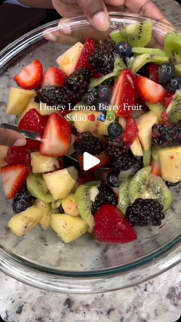 Marlon & Camille, CPT & CNC | Husband & Wife Team❤️ on Instagram: "Bringing this one back around for some summer sweet freshness!

Sweet, tangy, and bursting with freshness🙌🏾

Honey Lemon Berry Fruit Salad🍓🫐🥗

Ingredients:

1/4 cup Strawberries
1/4 cup Blueberries
1/4 cup Raspberries
1/4 cup Blackberries
1/2 Kiwi, peeled and sliced
1/4 cup Pineapple chunks
1/2 tsp Poppyseeds
1 lime or lemon, squeezed
1tbsp. Honey 

Give it a try😊

What’s your favorite fruit?" Fruit Salad Ingredients, Berry Fruit Salad, Berry Fruit, Honey Lemon, Fruit Salad, Plant Based Recipes, Healthy Lifestyle, Meal Prep, Raspberry