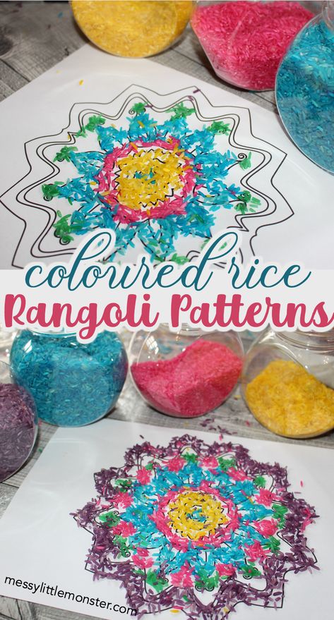 How to make a rangoli pattern with coloured rice. Diwali craft for kids, toddlers and preschoolers. Rangoli For Kids Diwali Craft, Coloured Rice Rangoli, Diwali Ideas For Toddlers, Diwali Toddler Activities, Diwali Preschool Crafts, Diwali School Activities, Diwali Classroom Activities, Rice Art For Kids, Kids Diwali Crafts