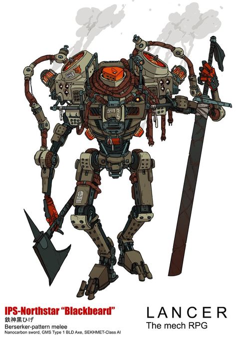 ABBADON @Orbitaldropkick  The IPS-Northstar BLACKBEARD for LANCER, the mech RPG @Lancer_RPG, a powerful and unstable melee mech with the berserk SEKHMET AI that uses a shoulder mounted harpoon system to reel in opponents and tear them to pieces. Dungeon Monsters, Tank Head, Sci Fi Rpg, Cyberpunk Rpg, Mech Suit, Cool Robots, Arte Robot, Titanfall, Alien Concept Art