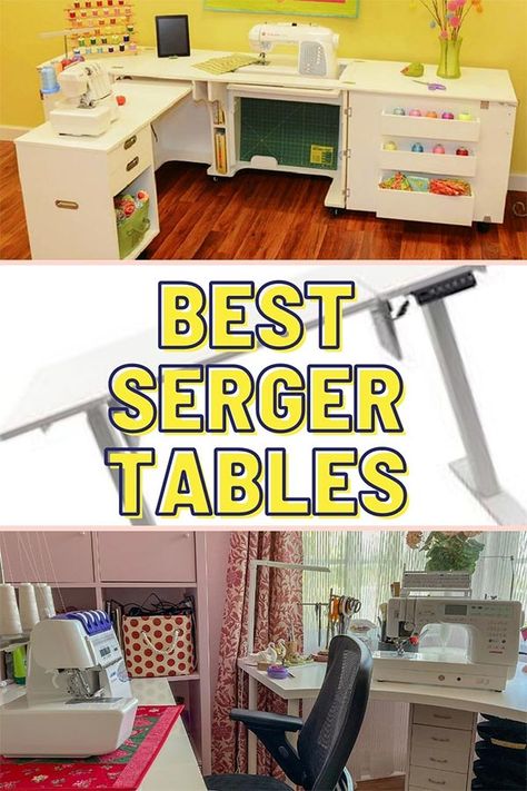 Serger Table Ideas, Serger Cabinet, Sewing Tables, Sewing Desk, Sewing Machine Table, Exercise Room, Sewing Room Organization, Sewing Space, Handmade Sewing