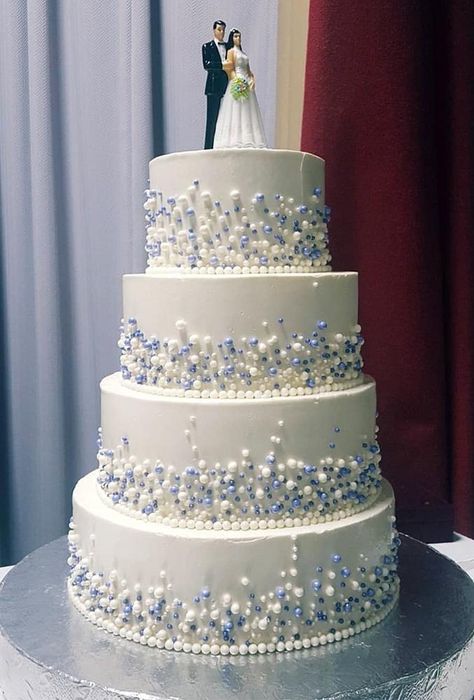 Pearled Wedding Cake, Blue Cake With Pearls, 25th Anniversary Cake Ideas Unique, Wedding Cake White And Blue, Blue Wedding Cake Designs, Pearl Cakes, Wedding Cake With Pearls, Snowflake Wedding Cake, Sparkle Wedding Cakes