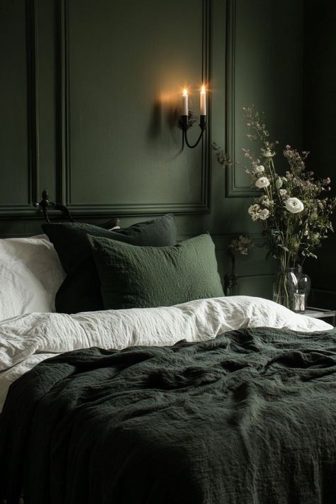 Dark Green Rooms, Moody Bedroom Ideas, Academia Bedroom, Green Bedroom Ideas, Moody Green, Green Accent Walls, Dark Green Walls, Teal Bedroom, Cozy Fall Bedroom