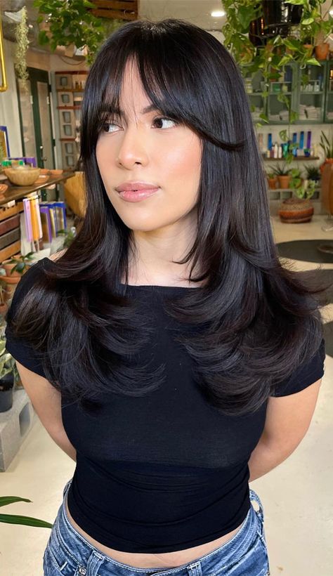 Low Maintenance Bangs Straight Hair, Long Straight Hairstyles With Layers, Straight Hairstyles With Layers, Black Hair Curtain Bangs, Straight Hairstyles With Bangs, Bangs With Straight Hair, Curtain Bangs Long Layers, Bangs Long Layers, Haircuts For Long Straight Hair