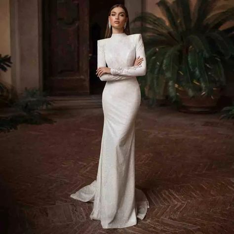 Turtle Neck Wedding Dress, Turtleneck Wedding Dress, Wedding Dresses Sheath, Wedding Dress Jumpsuit, Dresses High Neck, White Bridal Gown, Neck Wedding Dress, Enchanted Wedding, Wedding Dress Sequin