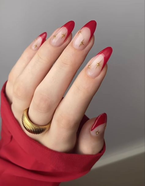 Red French Tip With Gold Stars, Red French With Gold, Red French Tip Nails With Gold, Red Celestial Nails, Red French Nail Designs, Red And Golden Nails, Nails Christmas French, Nail Art Idea, Christmas Nail Art Ideas