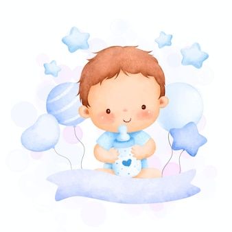 Premium Vector | Watercolor illustration cute baby boy and wooden board Baby Boy Drawing, Baby Boy Illustration, Baby Boy Watercolor, Baby Boy Cartoon, Boy Stickers, Baby Boy Balloons, Baby Boy Art, Baby Boy Bear