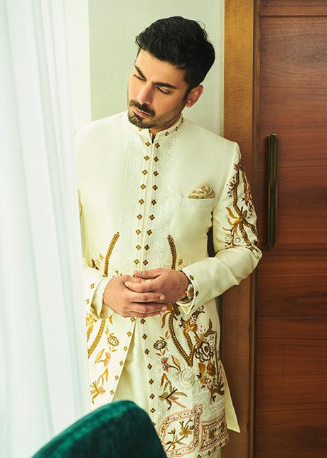 Traditional White Sherwani With Gold Embroidery, Luxury Off-white Sherwani With Intricate Embroidery, Luxury Off-white Sherwani With Resham Embroidery, Elegant Off-white Embroidered Sherwani, Semi-stitched Cream Sherwani With Intricate Embroidery, Sleeve Blouse, Long Sleeve Blouse, Saree, Long Sleeve