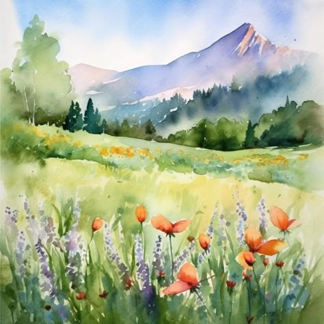 Mountain Scenery Watercolor, Watercolour Flower Field, Watercolor Field Of Flowers, Watercolour Field, Flower Landscape Painting, Leaving Cert Art, Watercolor Field, Scenery Illustration, Mountain Chic