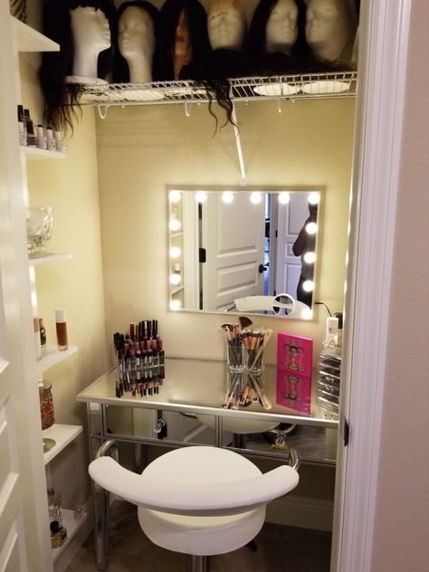 Small closet vanity Closet Make Up Area, Closet Makeup Vanity Ideas, Makeup Station In Closet Small Spaces Vanity Ideas, Closet To Makeup Station, Closet Into Makeup Vanity, Small Get Ready Room Ideas, Closet And Vanity Room Ideas Small, Vanity In A Closet Ideas, Turning Closet Into Vanity