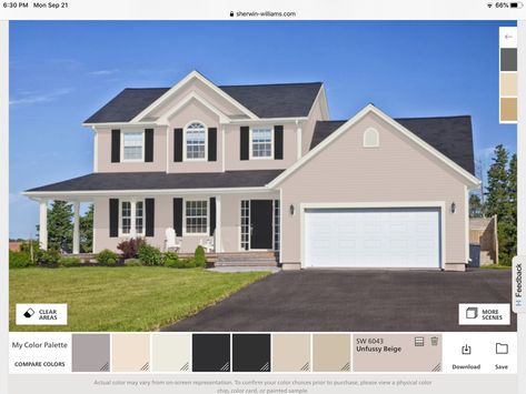 From SW mock up - Unfussy beige, Alabaster trim, Tricon black shutters Beige House With Black Shutters, Cream House Black Shutters, Beige House White Trim, Beige House Black Shutters, Unfussy Beige, Alabaster Trim, Outdoor House Paint, Front Porch Addition, Beige House