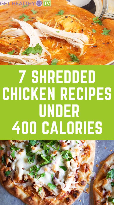 Leftover Shredded Chicken Recipe, Healthy Shredded Chicken, Shredded Chicken Recipes Easy, Healthy Shredded Chicken Recipes, Shredded Chicken Breast Recipes, Rotisserie Chicken Recipes Healthy, Recipes Under 400 Calories, Pulled Chicken Recipes, Easy Shredded Chicken