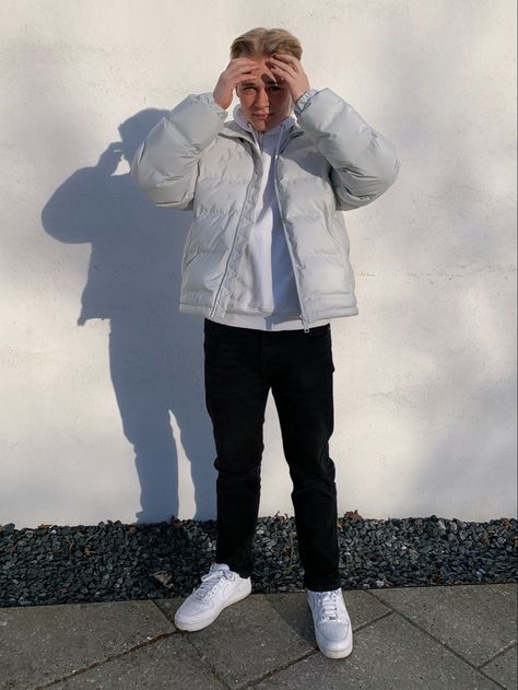 White outfits, blonde boy, white aestethic white puffer jacket outfit White Puffer Jacket Outfit Men, White Aestethic, White Puffer Jacket Outfit, Mens Instagram, Puffer Jacket Outfit Men, White Puffer Jacket, Puffer Jacket Outfit, White Puffer, Outfit 90s