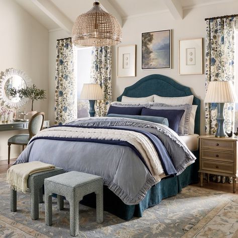 Create an oasis of serenity 💙 Blend shades of blue to craft a tranquil escape from the hustle and bustle. Ballard Designs Bedroom Inspiration, Ballard Designs Bedroom, Spanish Revival Bedroom, Ticking Stripe Bedding, Impressionistic Landscape, Holiday Furniture, Bed And Bath, Chaise Lounge Sofa, Daybed With Storage