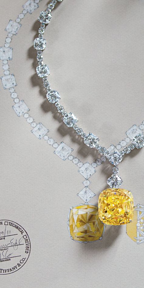 For Tiffany’s 175th anniversary in 2012, the priceless Tiffany Diamond was reset in a magnificent necklace of white diamonds.The famous yellow Tiffany diamond in its new setting with the 128.54-carat yellow diamond and white diamonds totaling more than 120 carats. Via The Jewellery Editor. Jewelry Sketches, Yellow Sunshine, Jewelry Rendering, Tiffany Diamond, Jewelry Illustration, Jewelry Drawing, Jewellery Sketches, A Necklace, Yellow Diamond