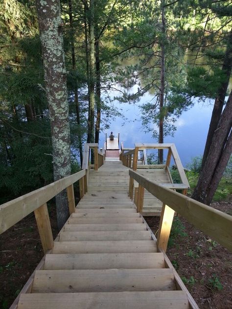 Stairs Down To Lake, Penobscot Maine, Lake Deck, Lake Landscaping, Landscape Stairs, Wooden Path, Backyard Walkway, Lakeside Living, Hillside Landscaping