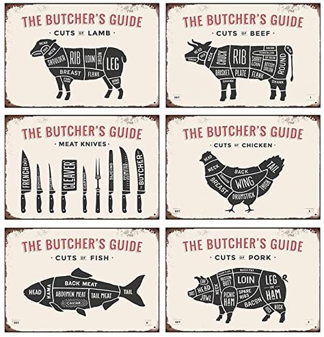 Mora color 6PCS CUTS of Lamb Beef Chicken Fish Pork Meat Knives Tin Signs The Butcher's Guide Retro Posters Bar Pub Wall Decor - 20X30cm Meat Cuts Poster, Meat Cuts Chart, Koch Tattoo, Pub Wall Decor, Meat Art, Lamb Cuts, Butcher's Cut, Pork Chicken, Deer Meat