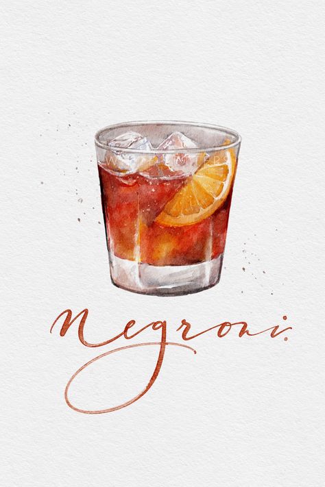 Cocktail Watercolor, Cocktails Drawing, Wedding Drink Menu, Negroni Cocktail, Beach Scene Painting, Modern Watercolor Art, Food Tattoos, Cocktail Illustration, Bear Artwork