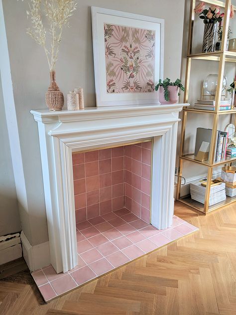 Transforming Our Non-Working Dining Room Fireplace - Swoon Worthy Empty Fireplace Ideas, Home Backyard, Dining Room Fireplace, Bedroom Fireplace, Pink Tiles, Faux Fireplace, Decor Flowers, Home Garden Decor, Home Fireplace