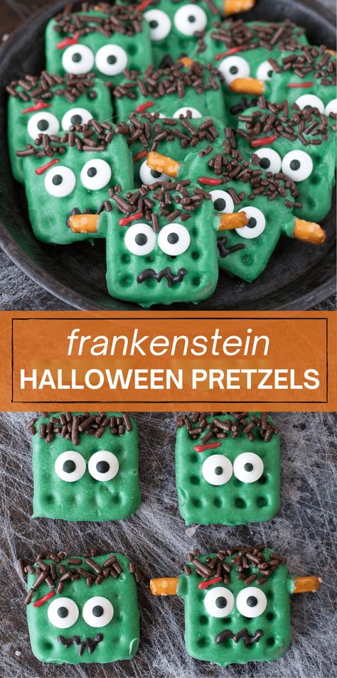 Frankenstein halloween pretzels are made with candy melts, pretzels, and a few other simple ingredients! Kids can definitely help with this easy halloween treat! #halloweenfood #halloweenpretzels #frankenstein Frankenstein Themed Food, Frankenstein Food, Frankenstein Treats, Food For Halloween, Frankenstein Party, Halloween Eats, Spooky Halloween Desserts, Halloween Pretzels, Fun Halloween Treats