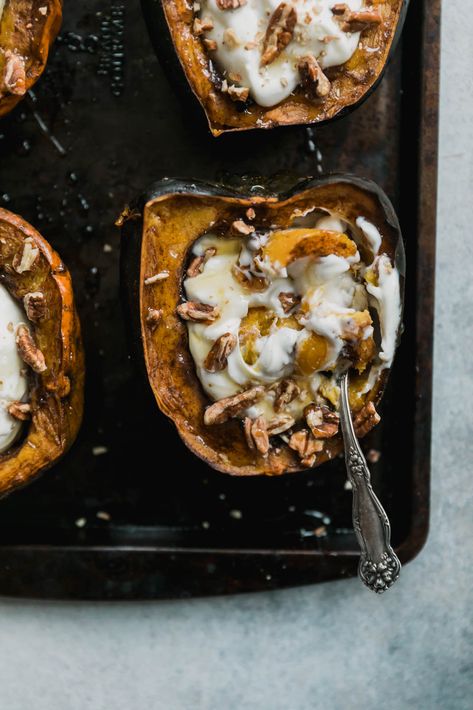 Breakfast acorn squash baked with spices and stuffed with yogurt, pecans and a drizzle of honey. A delicious, protein-packed meal to start your morning! #squashrecipe #healthybreakfast #breakfastideas #yogurtrecipe #glutenfreerecipe #grainfreerecipe Acorn Squash Baked, Honey Pecans, Cottage Cheese Breakfast Bowl, Thm Breakfast, Yogurt Honey, Healthy Egg Breakfast, Packed Breakfast, Baked Squash, Ambitious Kitchen