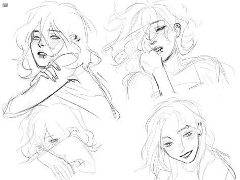 Blushing Drawing Faces, Pose Ref Headshot Drawing, Squashed Face Drawing, Floaty Hair Drawing Reference, Wiping Face Reference Drawing, Brushing Hair Back Pose Drawing, Hair Pushed Back Drawing, Flowy Poses Drawing, Headache Drawing Reference