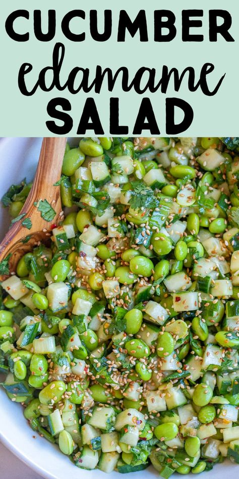 This Cucumber Edamame Salad is packed with healthy veggies, fresh herbs and protein from the edamame! It's tossed with an Asian inspired dressing with a spicy kick to it. This refreshing cucumber salad with be great for all your potluck and BBQ needs! #salad #cucumbersalad #summersidedish #edamamesalad #vegan Edamame Recipes Salad, Vegetarian Pasta Salad, Edamame Salad, Vegetarian Pasta, Summer Salad Recipes, Healthy Veggies, Pizza Party, Cucumber Salad, Easy Vegetarian