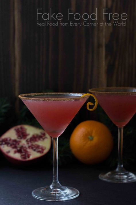 Holiday Pomtini | Fake Food Free Pomtini Recipe, Pomegranate Drinks, Pom Juice, Pomegranate Vodka, Holiday Martinis, Orange Vodka, Peach Schnapps, Pomegranate Juice, Fake Food