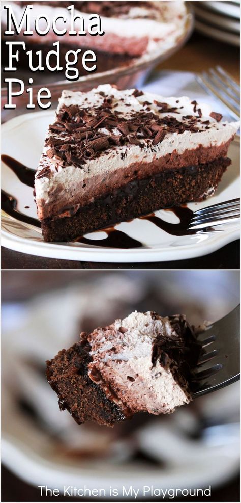 Slice and bite of Layered Mocha Fudge Pie Mocha Pie, Holiday Desert Recipes, Brownie Crust, Coffee Fudge, Mocha Fudge, Icebox Cakes, Kid Friendly Dessert, Fudge Pie, Dessert Pie