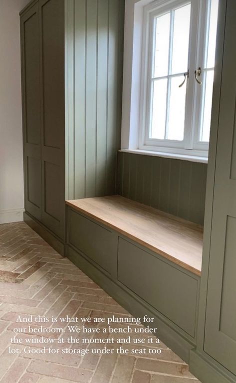 Carpentry Design Ideas, Built In Wardrobe With Bench, Farrow And Ball Boot Room, Treron Farrow And Ball Kitchen, Treron Farrow And Ball, Farrow Ball Treron, Farrow And Ball Treron, Cupboard Work, Bespoke Cabinetry