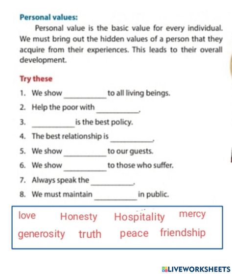 Personal Values Worksheet, Values Clarification, Worksheets For Grade 3, Values Education, Help The Poor, Personal Values, Moral Values, Formative Assessment, Online Activities