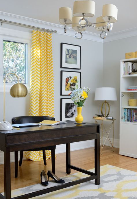 Yellow Home Office, Mid Century Modern Home Office, Blue Home Offices, Yellow Office, Cozy Bedroom Design, The Color Yellow, Cozy Home Office, Contemporary Home Office, Light Grey Walls