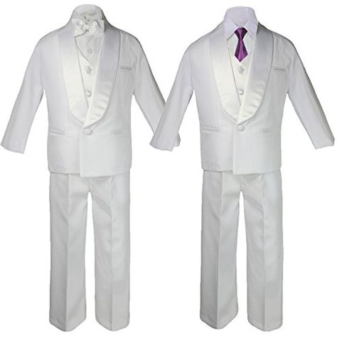 Unotux 6pc Boys White Satin Shawl Lapel Suits Tuxedo EXTRA Eggplant Satin Necktie Set Suits Tuxedo, Long White Shirt, Communion Wedding, Wedding Vest, Vest And Bow Tie, Satin Shawl, Suit Tuxedo, Western Suits, White Shawl