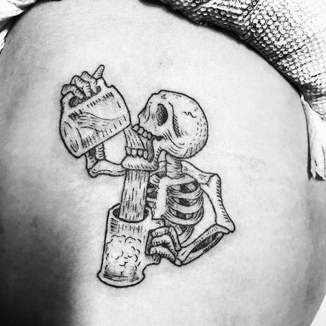 Skull Beer Tattoo, Skull Drinking Tattoo, Skeleton Drinking Beer Tattoo, Beer Flash Tattoo, Skeleton Drinking Tattoo, Small Beer Tattoos, Guiness Tattoos, Booze Tattoo, Funny Skull Tattoo