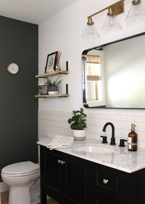 bathroom remodel finished design with hunter green accent wall #bathroomdesign Hunter Green Accent Wall, Powder Bathroom Remodel, Allisa Jacobs, Green Accent Wall, Powder Bathroom, Green Accent Walls, Bathroom Color Schemes, Modern Farmhouse Bathroom, Bathroom Color