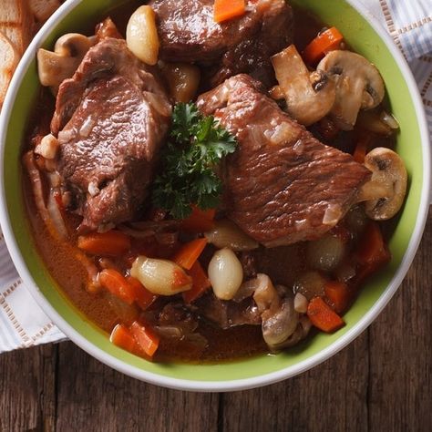 This yummy recipe belongs to French cuisine. Beef with vegetables and burgundy wine cooked in an oven. #beef #oven #French #bourgouignon #dinner #vegetables #easy Easy Beef Bourguignon, Beef Bourguignon Recipe, Campbells Recipes, Chuck Roast Recipes, Potted Beef, Easy Beef, Roast Recipes, Couscous, Pot Roast