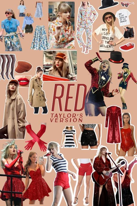 taylor swift red era outfit collage Taylor Swift Red Aesthetic Eras Tour, Taylor Swift Red Concert Outfit Ideas, Taylor Swift Red Outfits Inspiration, Taylor Swift Red Era Outfit Inspiration, Taylor Swift Outfits Concert Red, Eras Aesthetic Taylor Swift, Red Concert Outfit Taylor Swift, Taylor Swift Red Eras Tour Outfits, Eras Tour Outfits Red Era