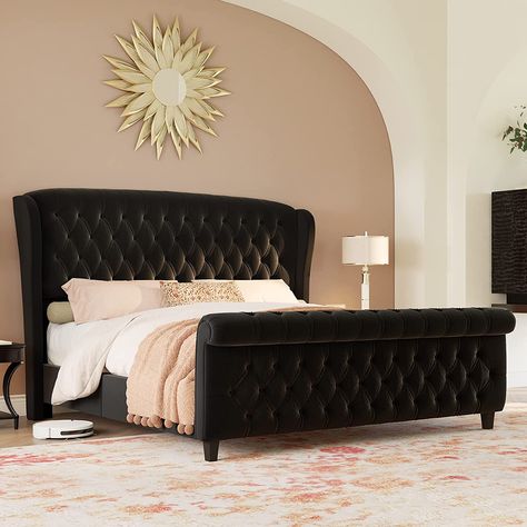 LUXOAK Queen Size Platform Bed Frame, Velvet Upholstered Sleigh Bed with Curved Headboard & Footboard, Deep Button Tufted, Wood Slats Support, No Box Spring Needed, Black Bed Frame Velvet, Sleigh Bed Frame, Mdf Furniture, Upholstered Sleigh Bed, King Size Platform Bed, Furniture Finish, Velvet Upholstered Bed, Queen Size Platform Bed, Curved Headboard