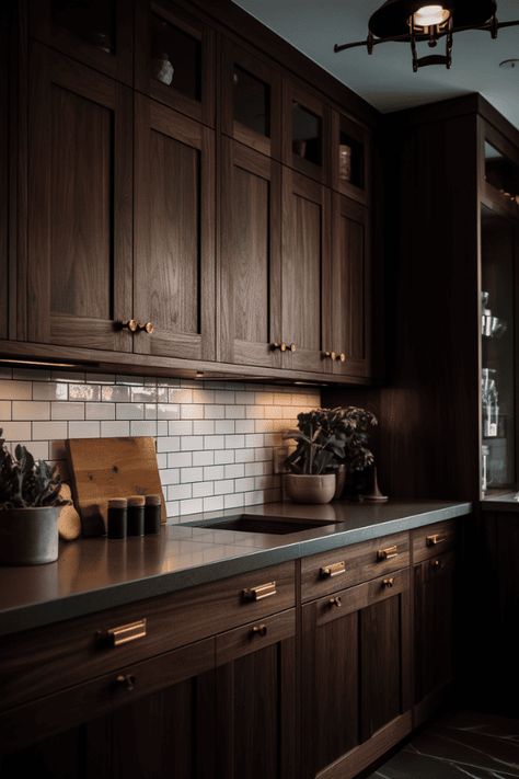 Dark brown cabinets add warmth and depth for a rich and elegant look, especially when paired with lighter countertops and backsplashes. #DIY #HomeDecor #InteriorDesign Dark Brown Kitchen, Diy Kitchen Cabinets Painting, Brown Kitchen Cabinets, Interior Dapur, Dark Wood Kitchens, Kabinet Dapur, Brown Cabinets, Interior Vintage, Brown Kitchens