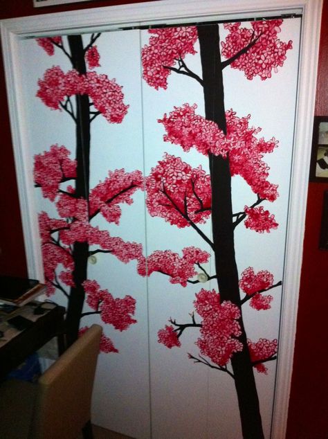 Cherry blossom closet doors I painted. Painted Closet Doors Art Creative, Wardrobe Painting, Closet Doors Painted, Neutral Interior Paint Colors, Bifold Doors Makeover, Small Closet Organization Bedroom, Painted Closet, Glass Closet, Closet Door Makeover